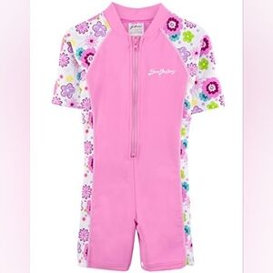 SunBusters Girls UV Fitted Rash Swim Sun Suit Set Pink Floral